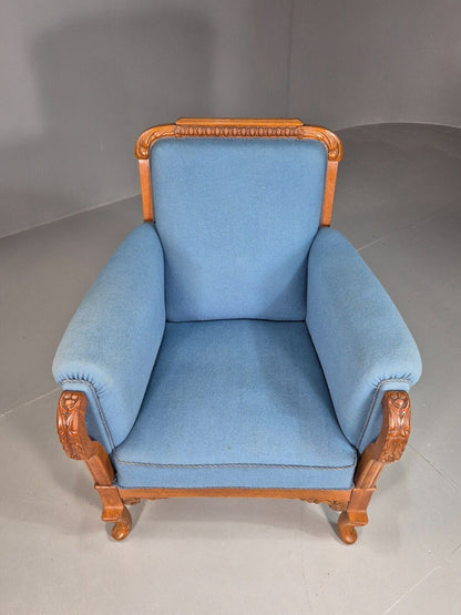 Vintage Danish Lounge Chair Blue Cloth Oak Frame 1900s Antique VCLO EB7813