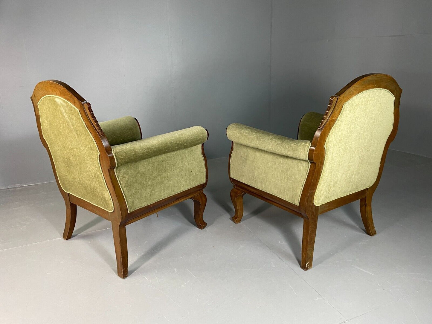 EB6659 2 Vintage Danish Lounge Chairs Green Velour Mahogany Antique Empire VCLO