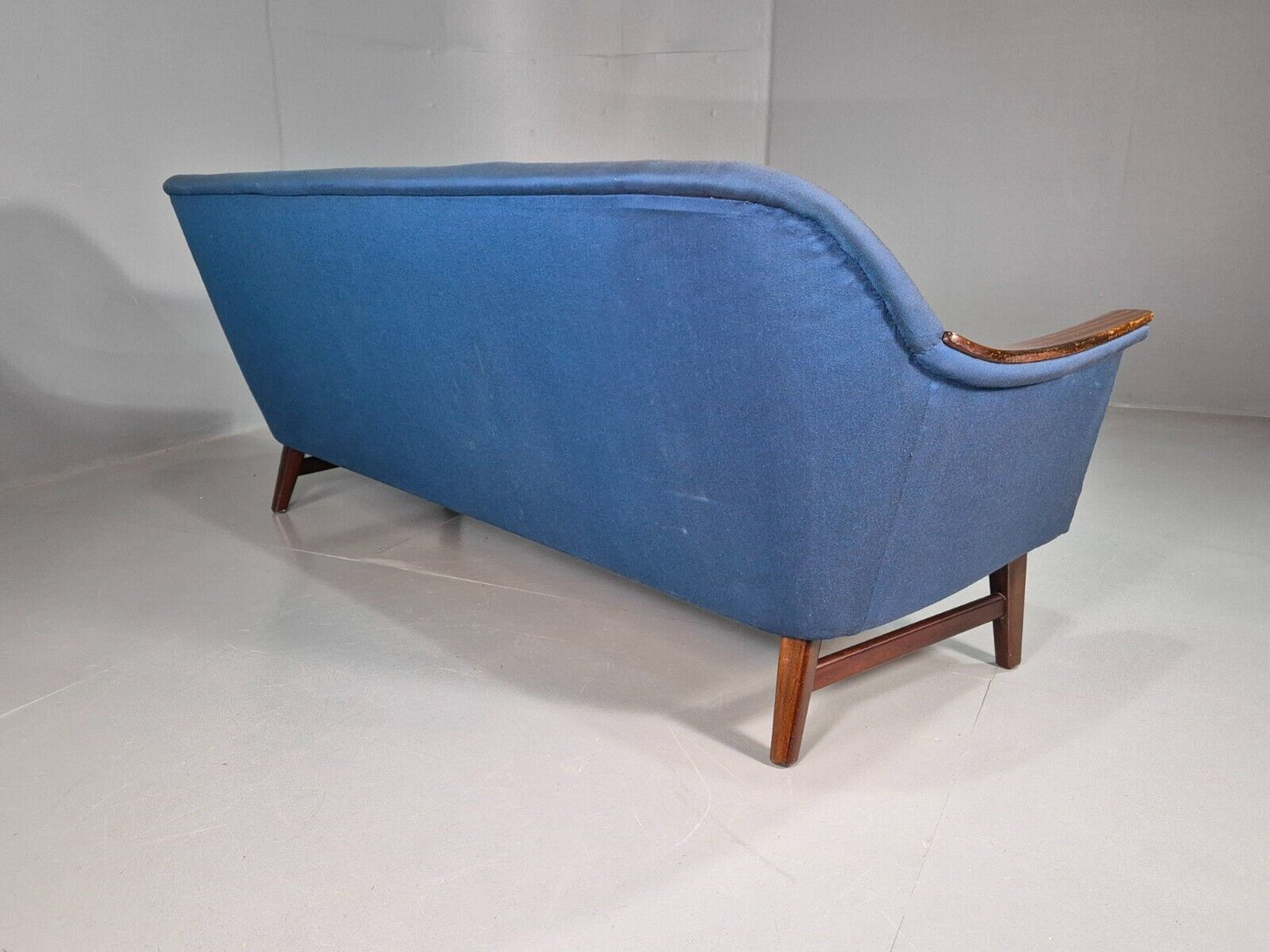 Vintage Swedish 3 Seat Sofa Blue Cotton Wood Arms 1960 Retro MCM EB7594 M3SS