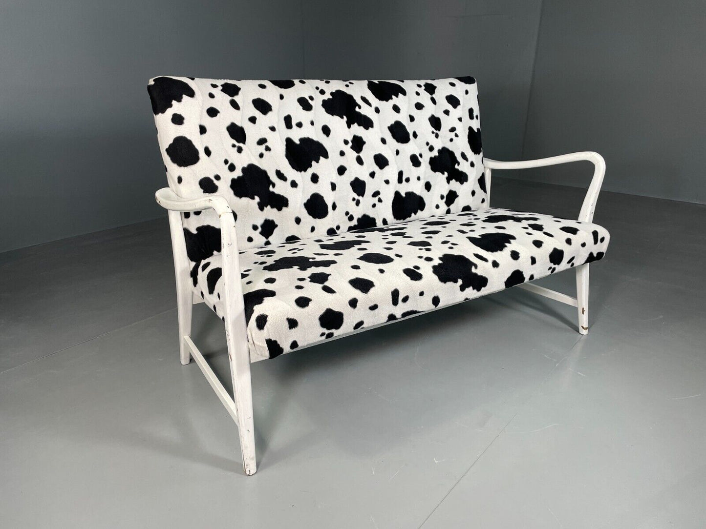 EB6448 Vintage 2 Seat Danish Sofa Painted White Cow Print Cover Retro MCM M2SS