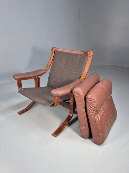 Vintage Danish Lounge Chair Brown Leather Bentwood Frame 1970s Retro EB8633 MBEN