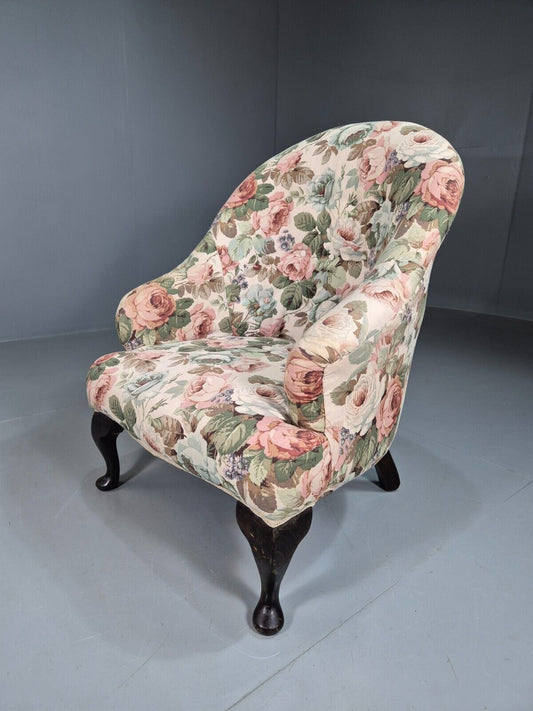 Vintage Lounge Chair Floral Cotton Fabric Cabriole Leg 1900s Antique EB7603 MNOR