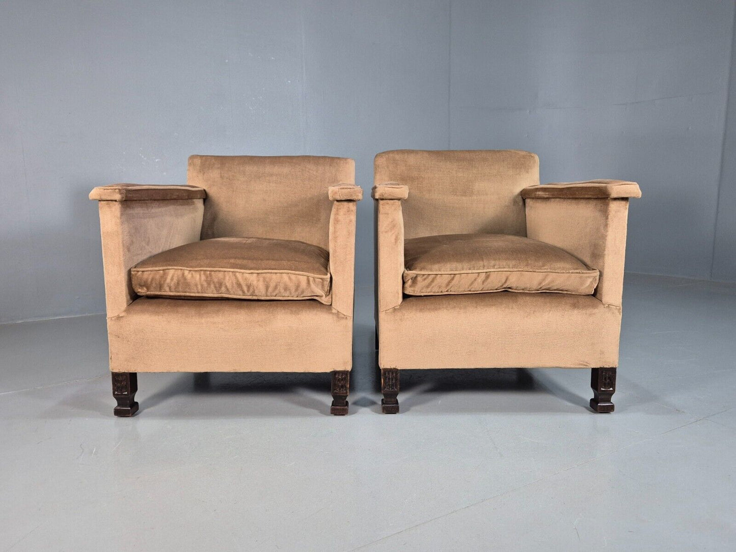 2 Vintage Lounge Chairs, Beige Velour 1940s Art Deco Antique EB8382 VCLO