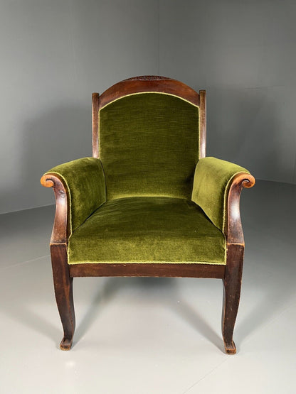 EB6469 Antique Danish Armchair Green Velour Stained Oak Vintage VCLO