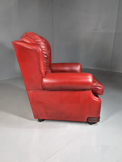 EB7240 Vintage Chesterfield Style Lounge Chair Red Leather Wood Trim 1980s VCHE