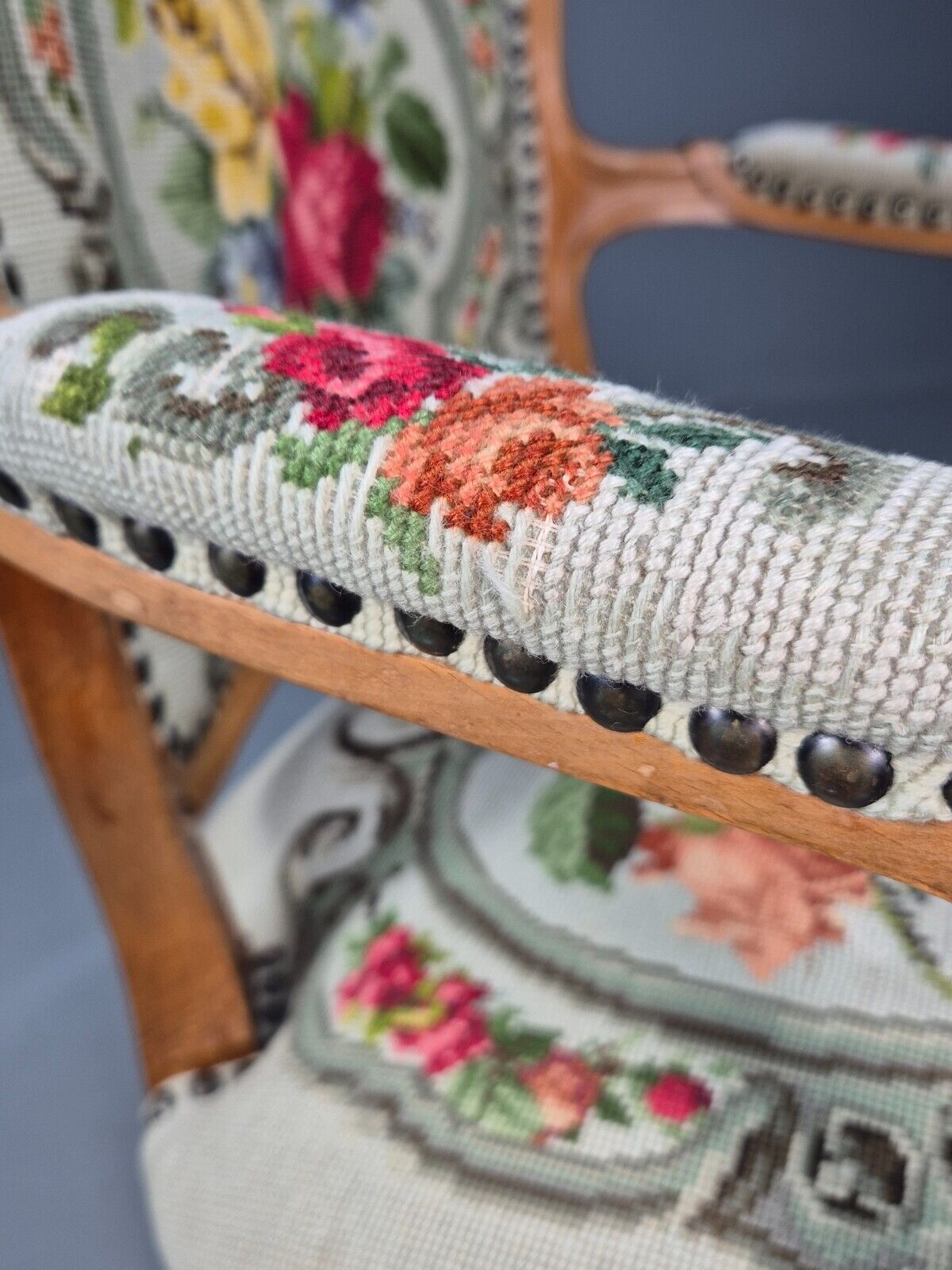 Vintage Danish Fauteuil Chair Embroidery French Antique Style 1963 EB8082 VCAR