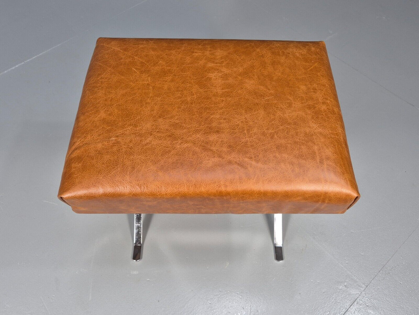 Vintage Danish Footstool Tan Leather Chrome Retro 1970s MCM EB8853 MFOO