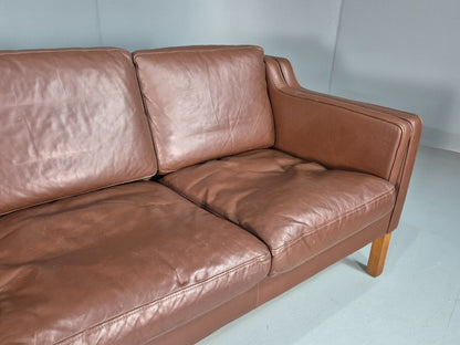 Vintage Danish 3 Seat Sofa Brown Leather Mogensen Style 1970s Retro EB7646 M3SS