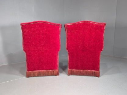 Pair Vintage Danish Wing Back Red Velour Studded Armchairs EB8059 VCLO