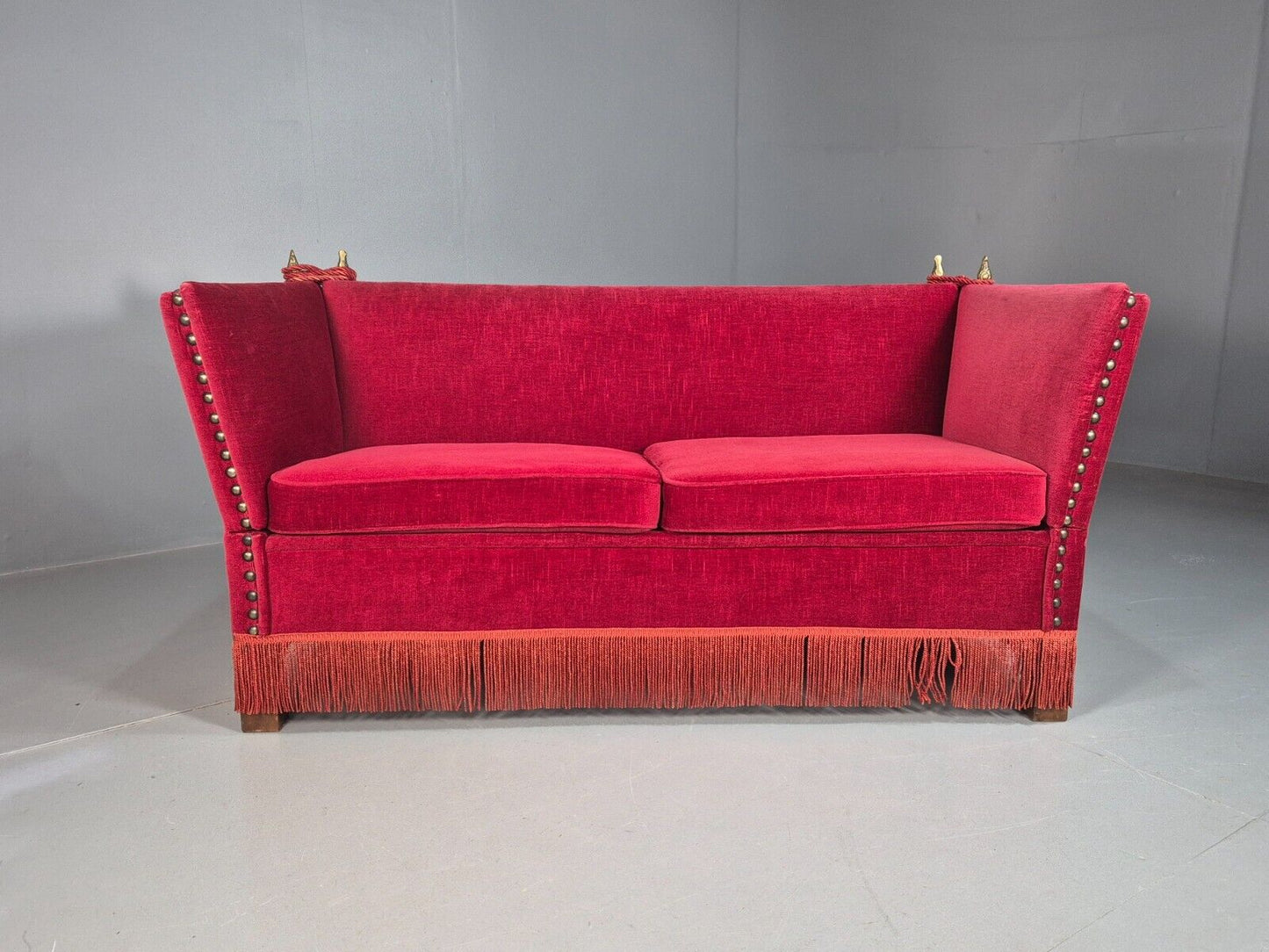 Vintage Danish Drop Arm Knoll Style 2 Seat Sofa Red Velour EB8063 V2SS