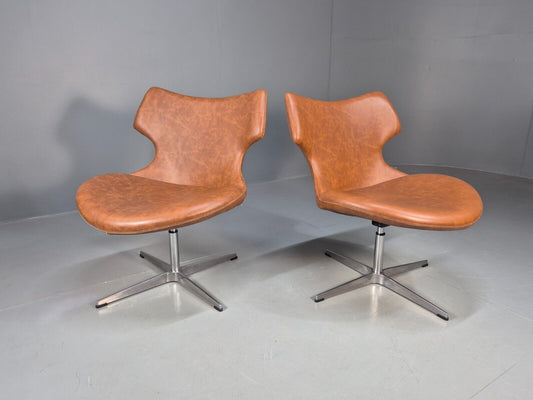 2 Vintage Danish Swivel Chairs Brown Faux Leather Retro Style EB8529 MSWI