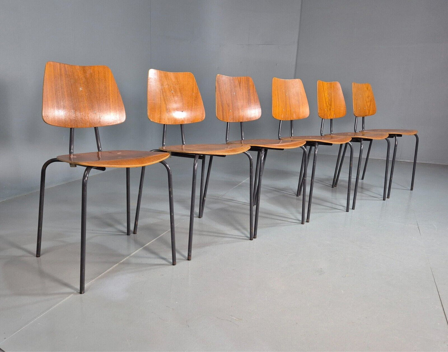 6 Vintage Danish Stacking Chairs Teak Plywood Steel Frame 1960 Retro EB8369 MSTA