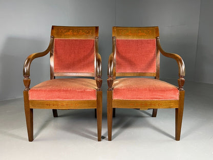 EB6727 2 Vintage Danish Lounge Chairs Beech Wood Pink Velour Antique Empire VCLO