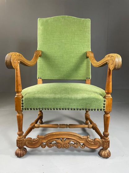 EB4649 Danish Early 20th Century Carved Oak And Green Velour Chair, Antique VCAR