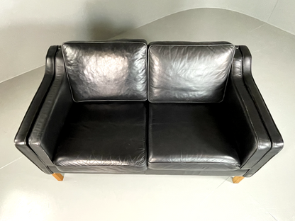 EB5865 Vintage Danish 2 Seat Sofa Black Leather Oak Legs Retro Mid Century M2SS