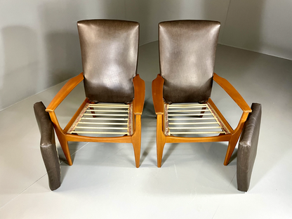 EB6264 2 Parker Knoll PK988/1023 Lounge Chairs, Beech, Vinyl, MCM, Retro, MNOR