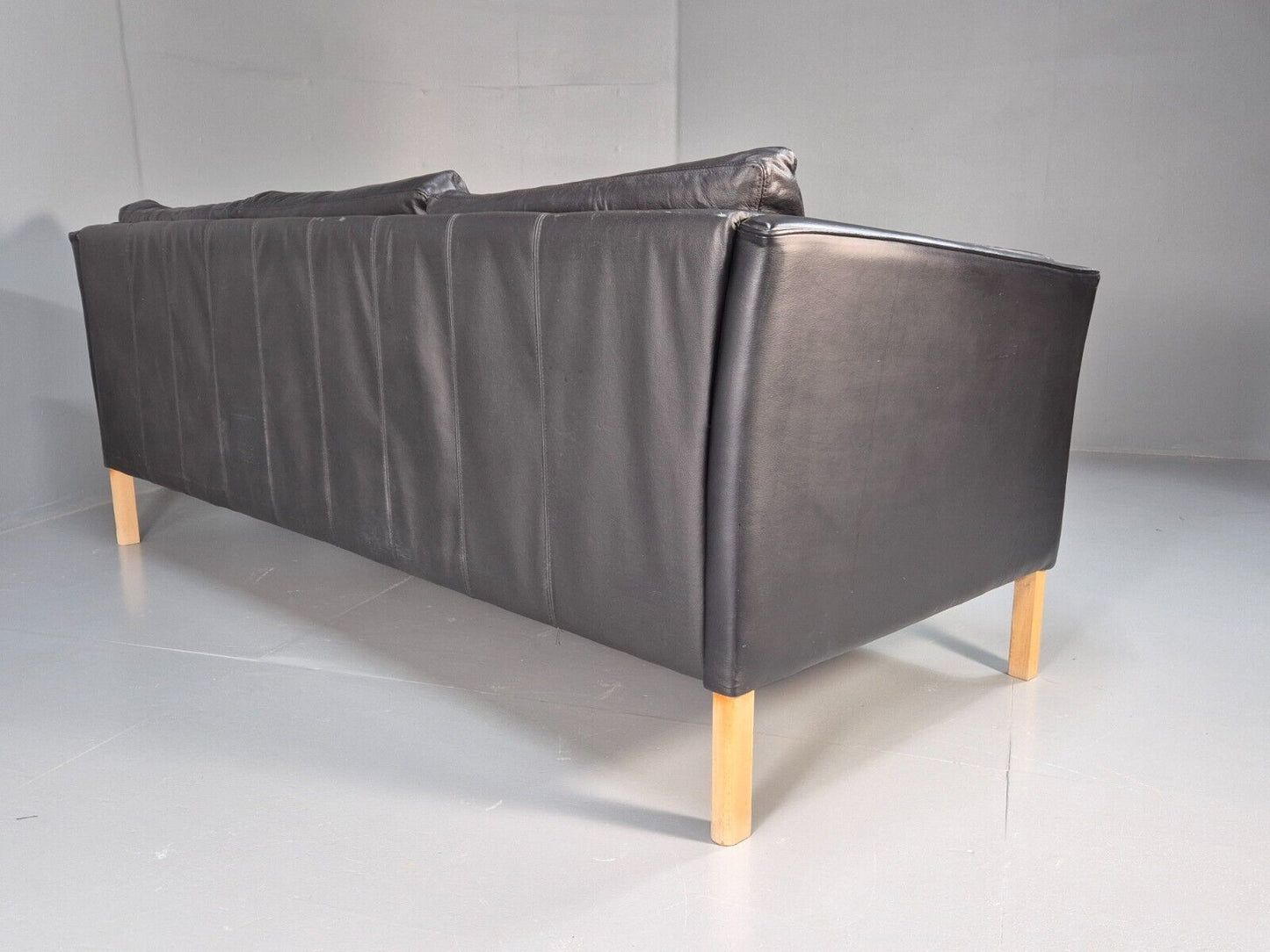 Vintage Danish 3 Seat Sofa Black Leather and Vinyl Straight Back EB8616 M3SS