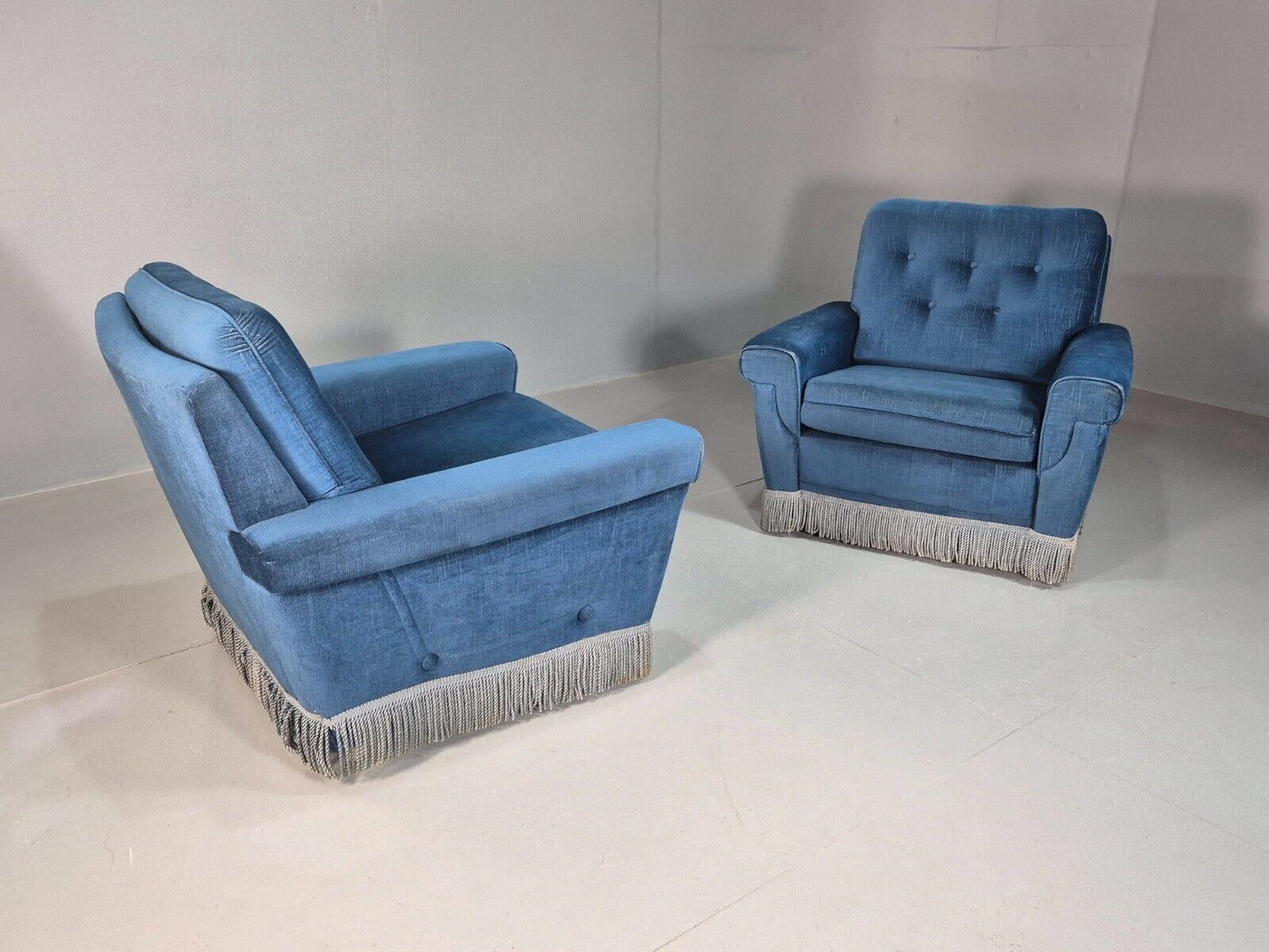 Pair Vintand Danish Blue Velour Armchairs Tassels Chrome Retro EB8021 MNOR