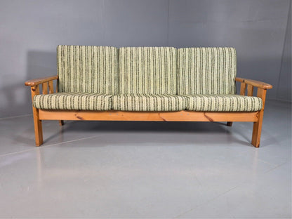 Vintage Danish 3 Seat Sofa Green Cream Wool Pine Frame 1970s Retro EB8211  M3SS