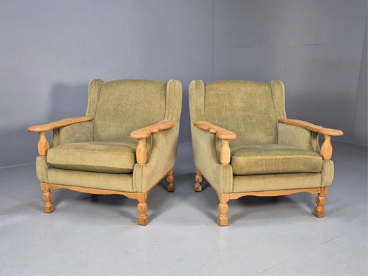 2 Vintage Danish Lounge Chairs Green Oak Frame Kjearnulf Retro 1970s EB8279 MNOR