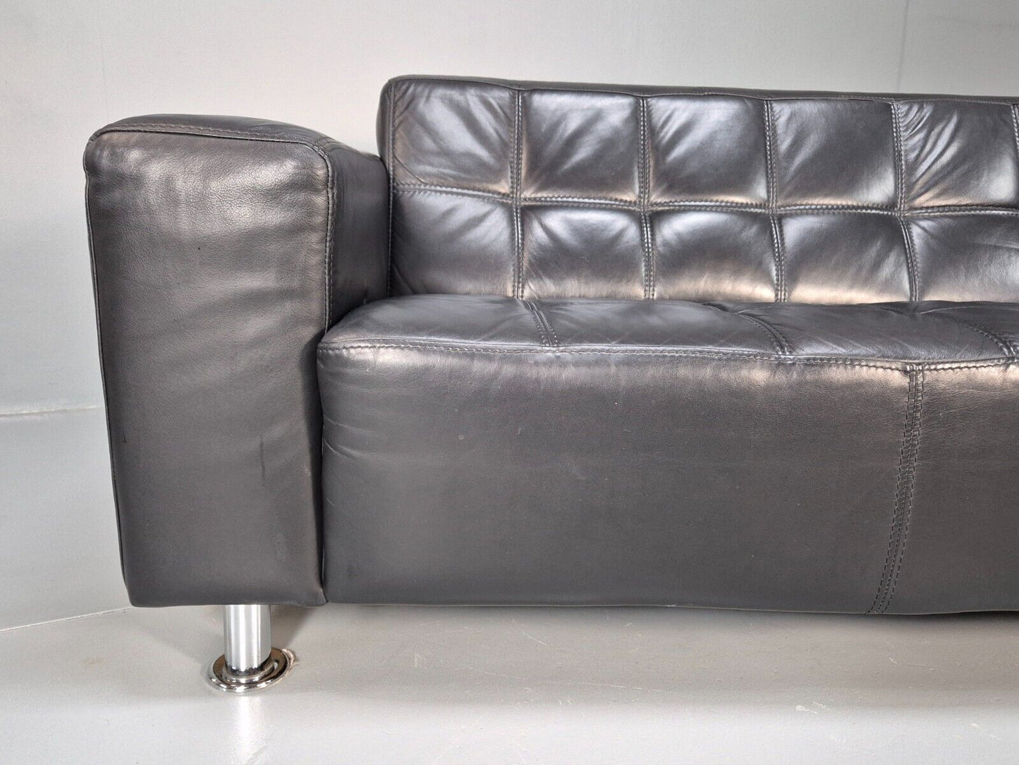 Vintage Danish 3 SEat Sofa Black Leather Chrome Feet 1980s Retro MCM EB8588 M3SS