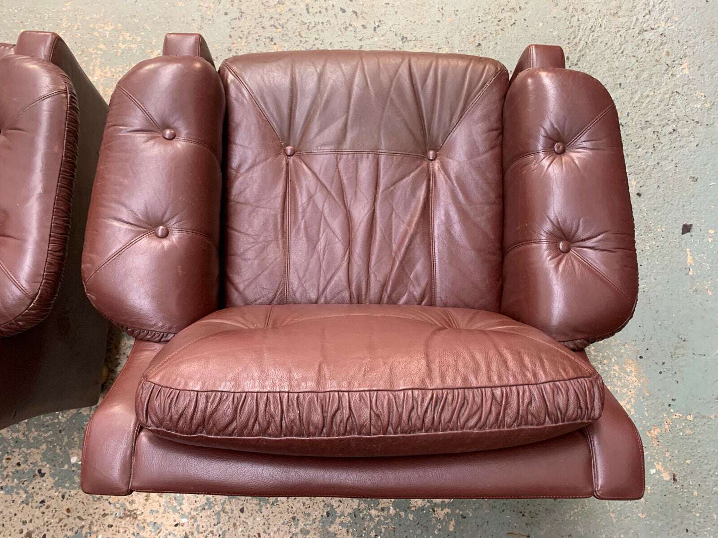 EB1730 Pair of Danish Brown Leather High & Low Back Lounge Chairs Vintage VLEA