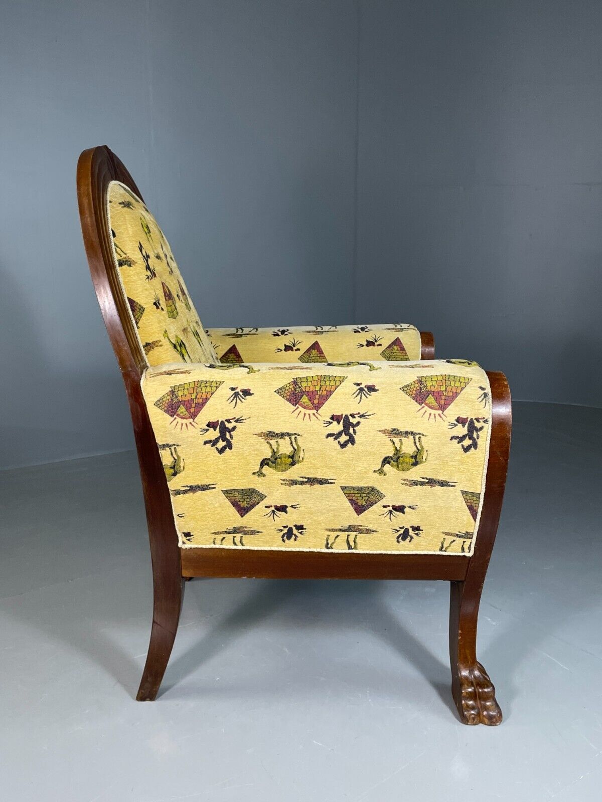 EB6675 Vintage Danish Lounge Chair Yellow Mahogany Paw Feet Antique Empire VCLO