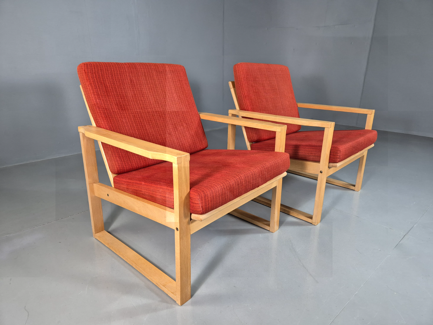 EB7221 2 Swedish Lounge Chairs Beech Frame Red Wool Retro MCM 1960s MNOR