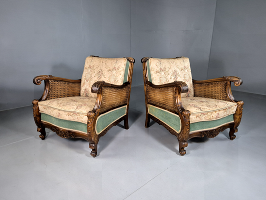 EB6700 2 Vintage Danish Lounge Chairs Green Cream Bergere Mahogany Antique VBER