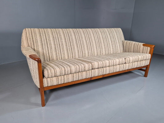 EB7569 Vintage Swedish 3 Seat Sofa Cream Wool Teak Paws Retro MCM 1960s M3SS