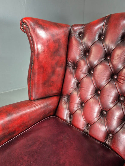 Vintage Wing Back Lounge Chair Red Leather Chesterfield Queen Anne EB7807 VCHE