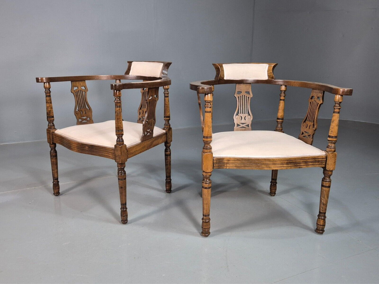 2 Vintage Lounge Chairs White Calico Fruitwood Inlay Edwardian EB8171 VCLO