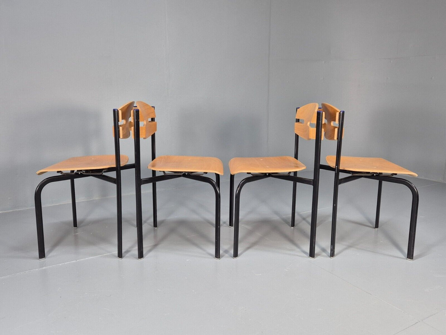 4 Vintage Danish Stacking Chairs Bent Ply Black Metal SIS 1980 Retro EB8856 MSTA