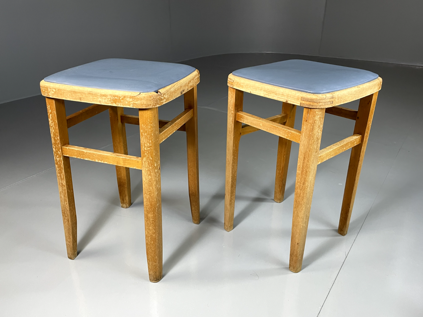 EB2092 A Pair of Vintage Kitchen Stools, 1960s, Beech Frame, Vinyl pads, MDIN