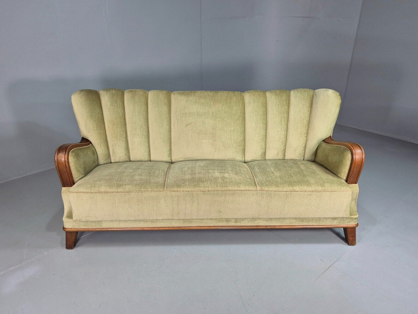 Vintage Danish 3 Seat Sofa Green Velour Oak Detail Art Deco 1930s EB7828 M3SS