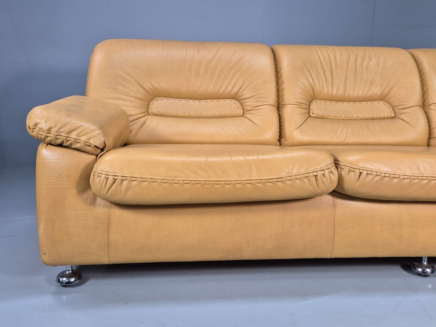 Vintage De Sede Style 3 Seat Sofa Mustard Leather Retro 1970 MCM EB8426 M3SS