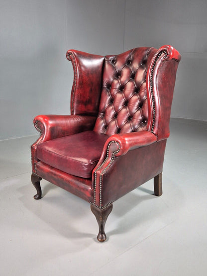 Vintage Wing back Lounge Chair Red Leather Chesterfield Queen Anne EB7806 VCHE