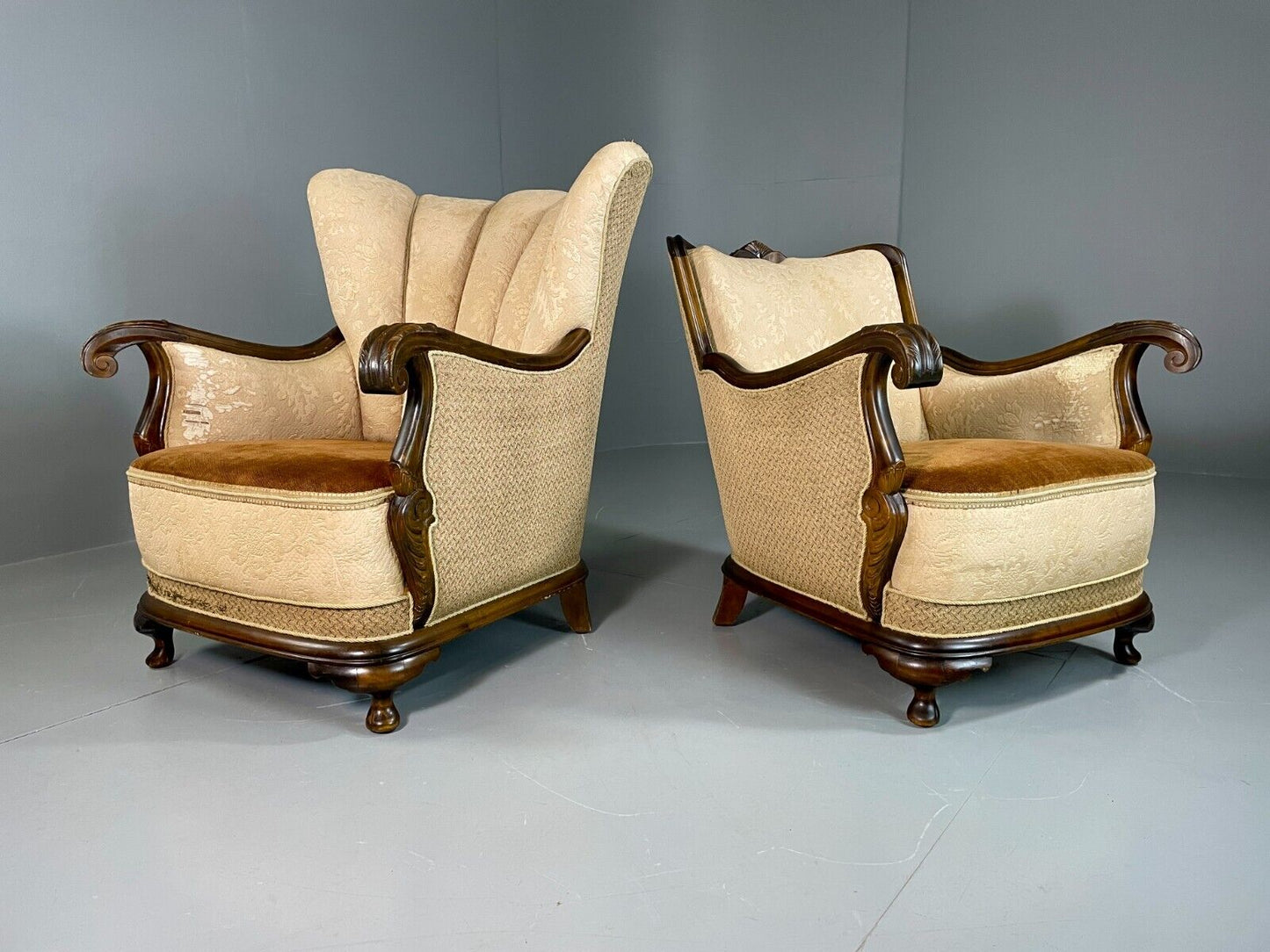 EB6395 2 Vintage Danish Lounge Chairs Antique Deco Cabriole Leg Brocade VCLO