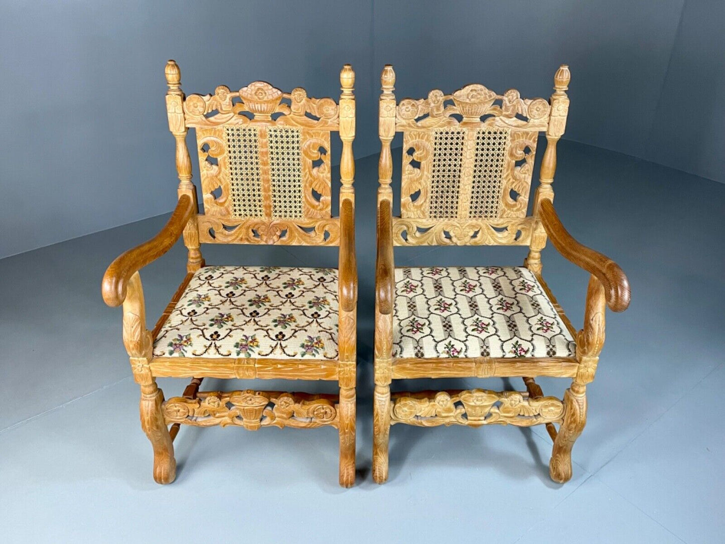 EB5172 2 Vintage Danish Carved Oak Elbow Chairs. Carolean Style, Antique VCAR