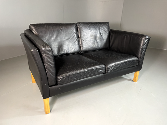 EB6317 Vintage Danish 2 Seat Leather Sofa Black Retro MCM M2SS