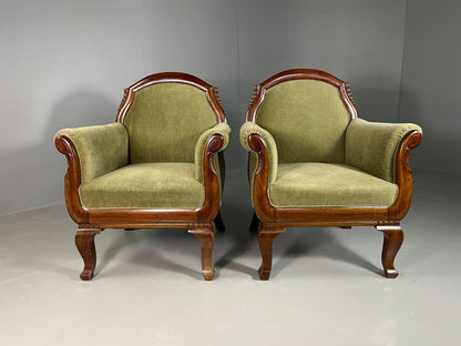 EB6659 2 Vintage Danish Lounge Chairs Green Velour Mahogany Antique Empire VCLO