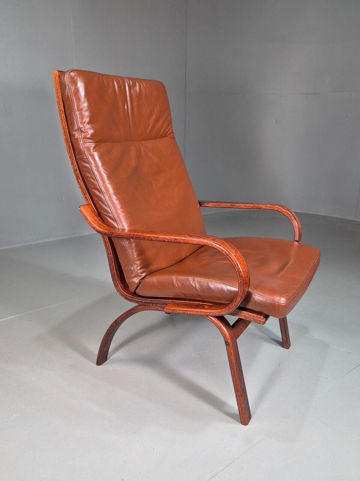 EB7485 Vintage Danish Lounge Chair Brown Leather Bentwood Retro 1980s MBEN