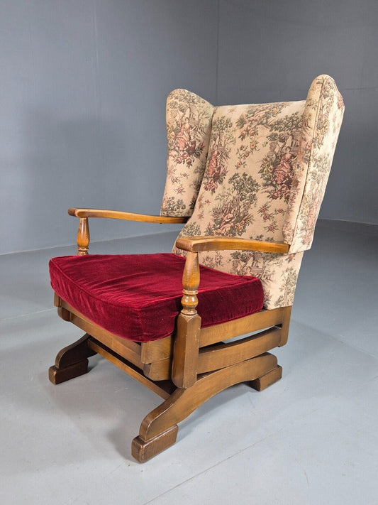 Vintage Wing Back Rocking Chair Floral Upholstery Beech Frame 1950s EB7936 MNOR