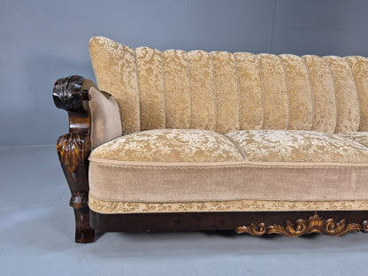 Vintage Danish 3 Seat Sofa Gold Moquette Carved Frame Antique 1920s EB8695 V3SS