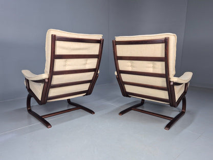 2 Vintage Danish Lounge Chairs Cream Wool Bentwood 1980s Retro MCM EB8540 MBEN