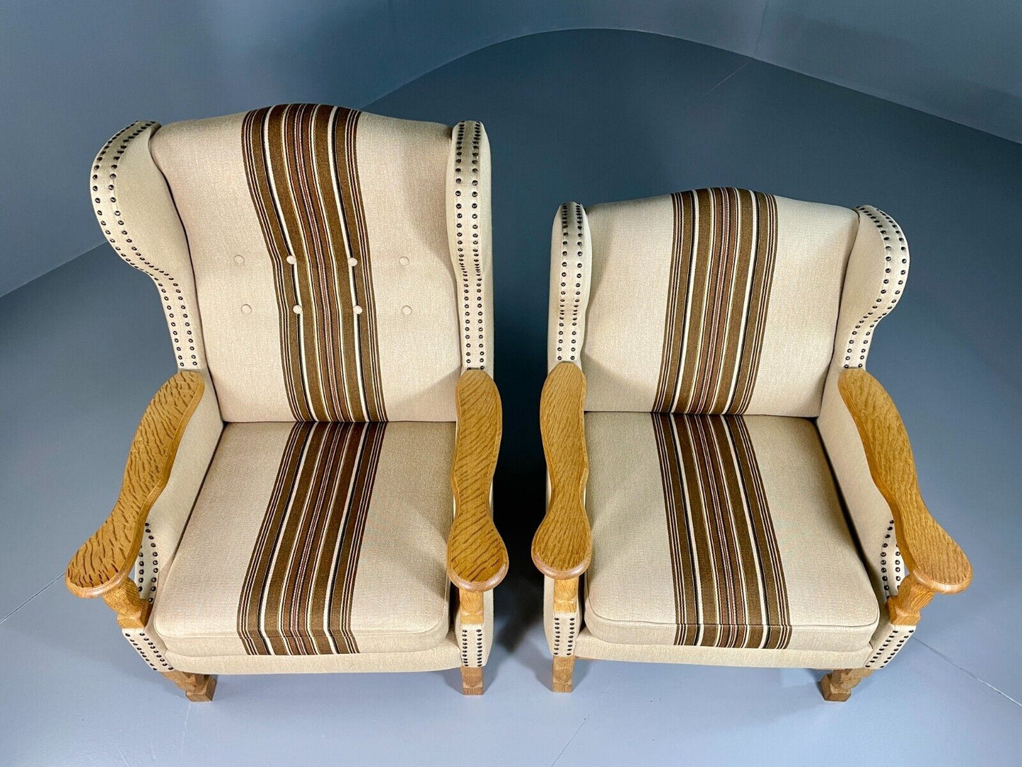 EB6491 Vintage Danish Pair of Armchairs Oak Frame Cream and Brown Fabric VCLO