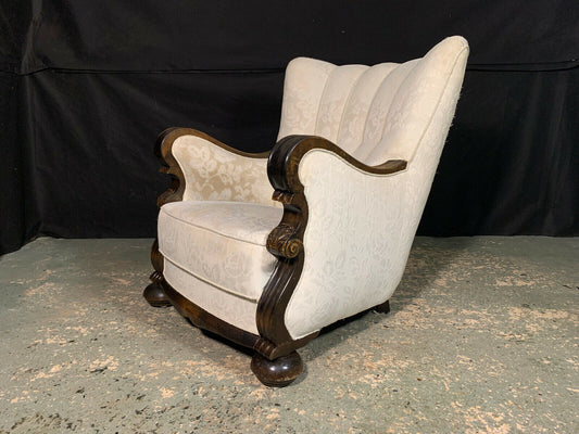 EB2055 Beech & White Floral Fabric Arm Chair Vintage Antique Style Danish VCAR