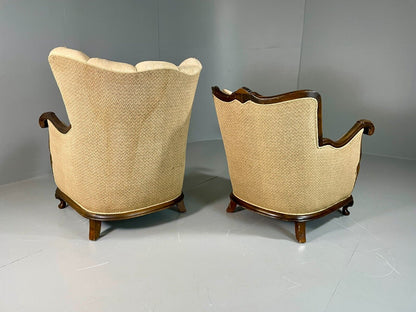 EB6395 2 Vintage Danish Lounge Chairs Antique Deco Cabriole Leg Brocade VCLO