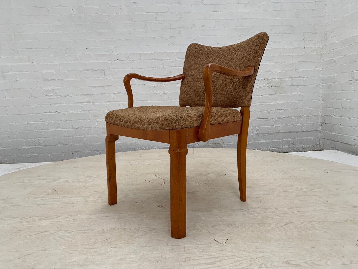 EB3102 Danish Beech Elbow Chair with Brown Patterned Fabric Vintage MDIN