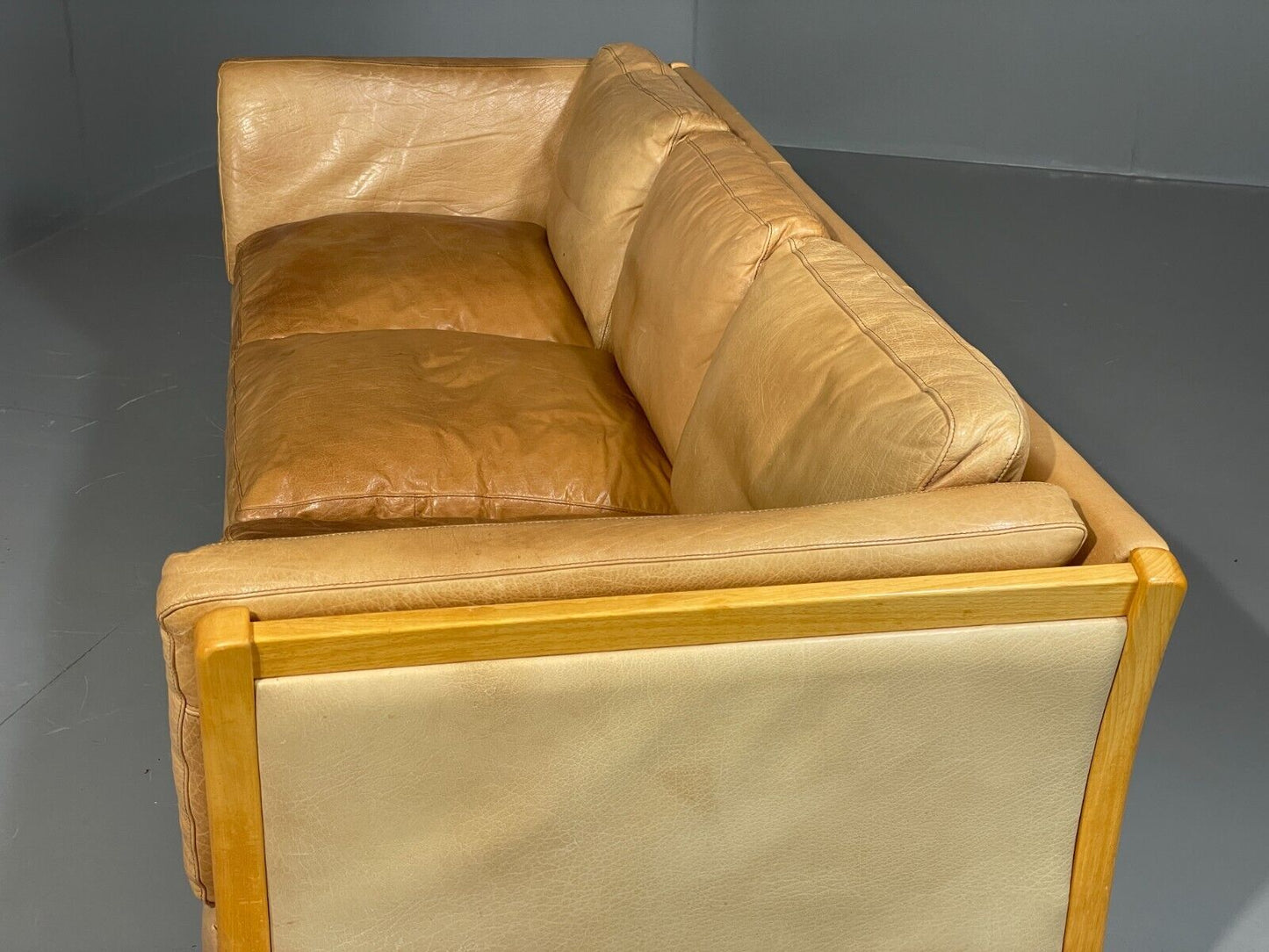 EB6370 Vintage Danish 3 Seat Sofa Tan leather Retro Mid Century Beech M3SS